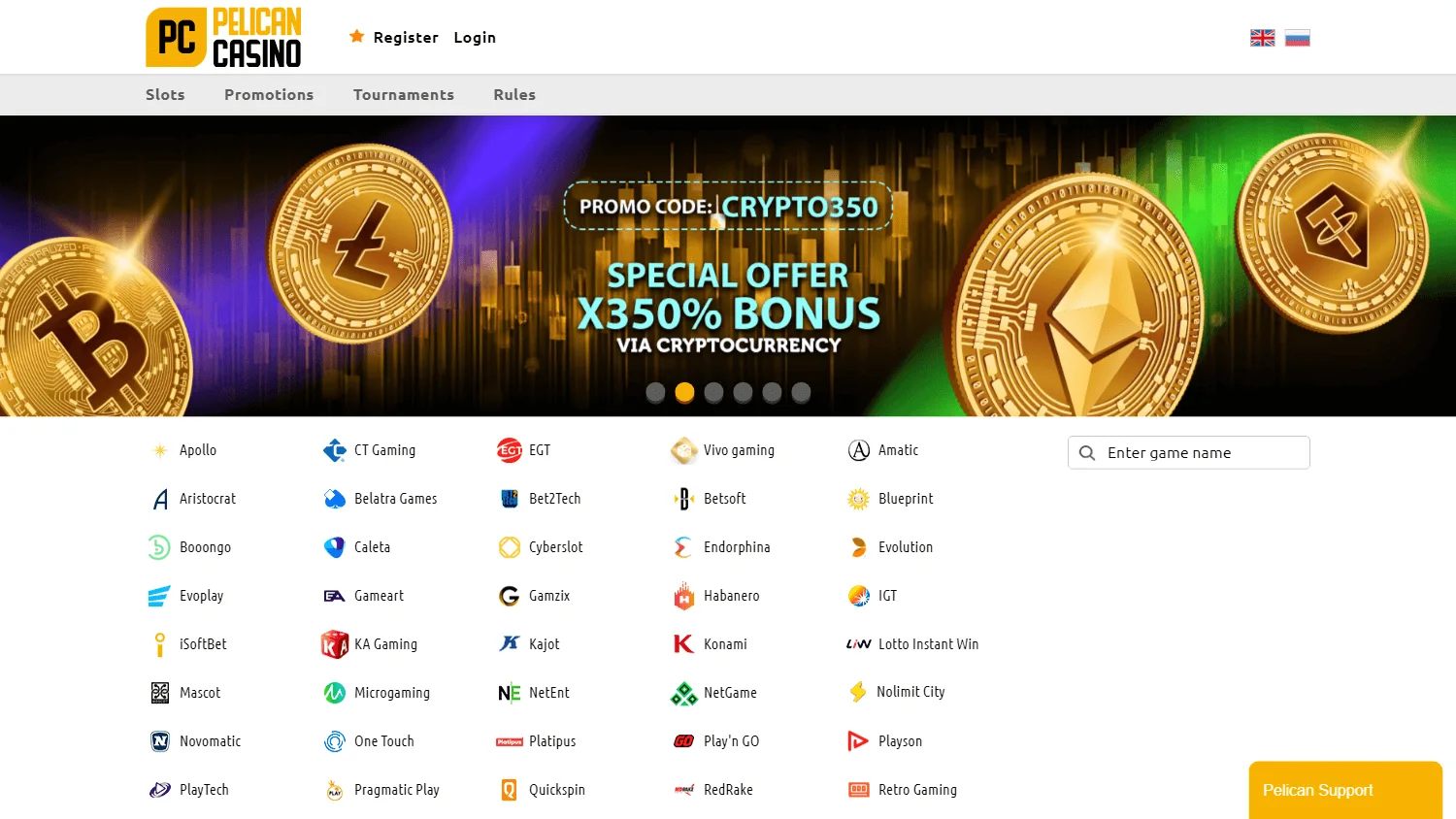 Pelican Casino desktop home interface