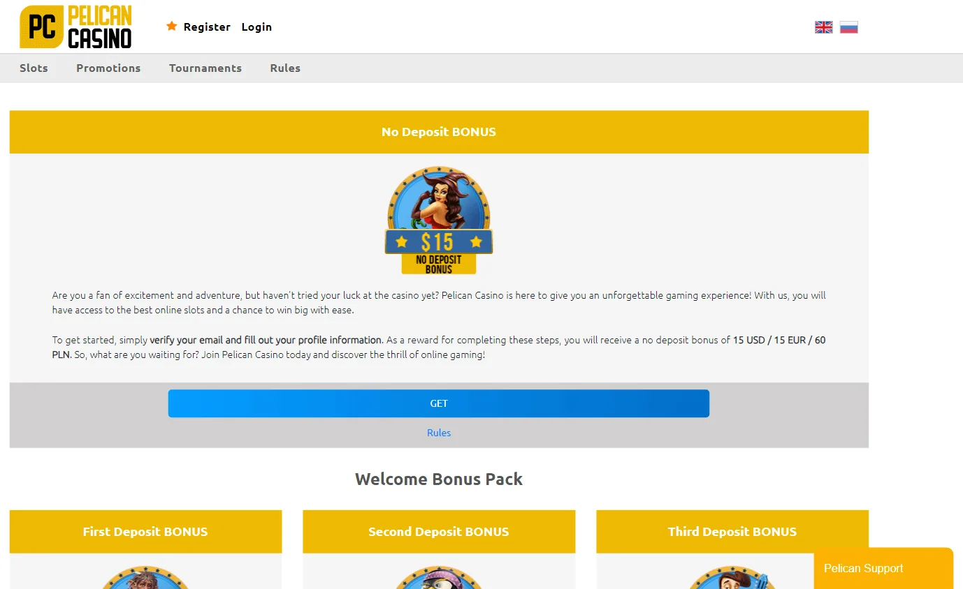 Pelican Casino desktop promotions interface